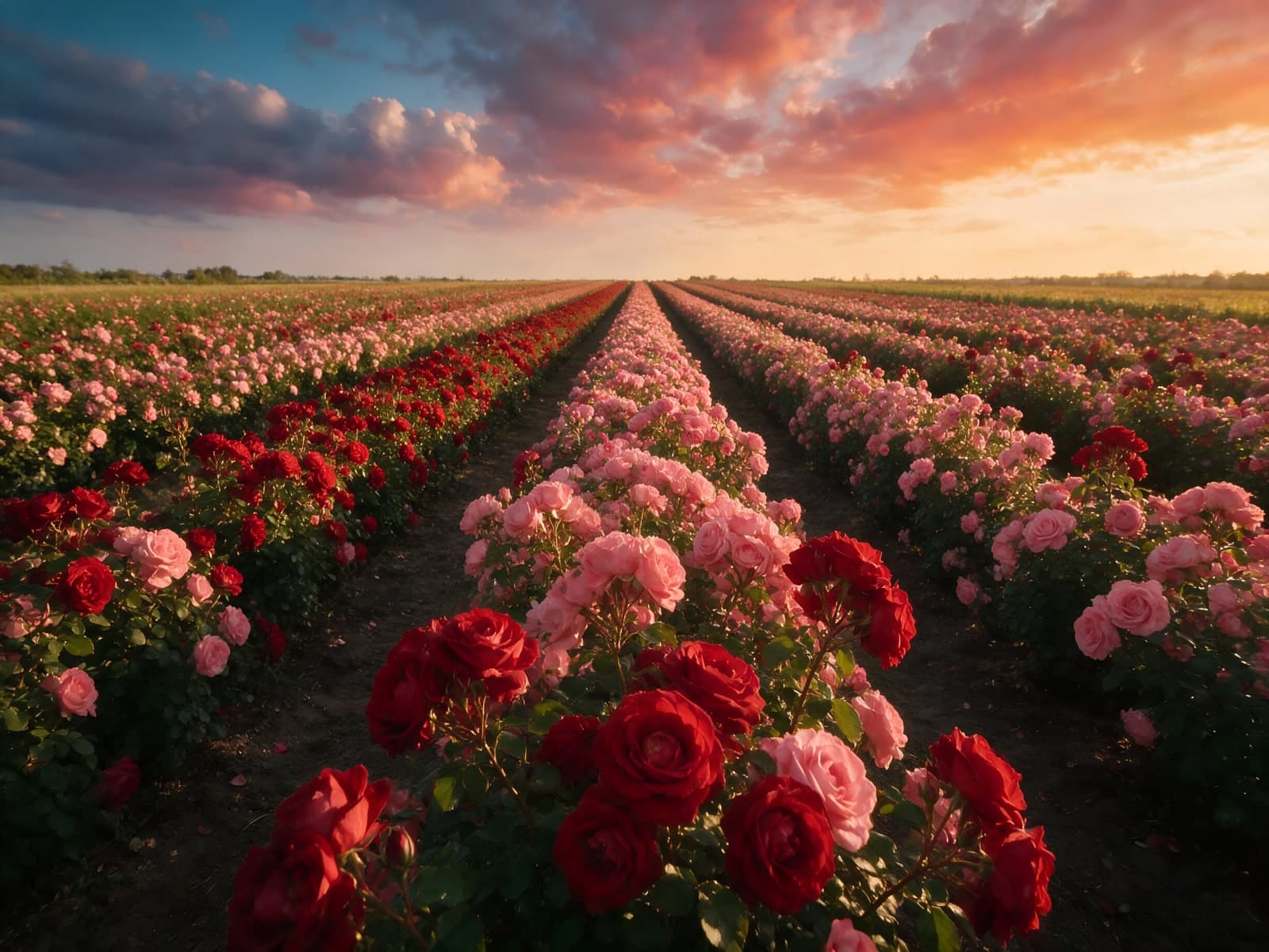 Rijen rode en roze rozen bij zonsondergang