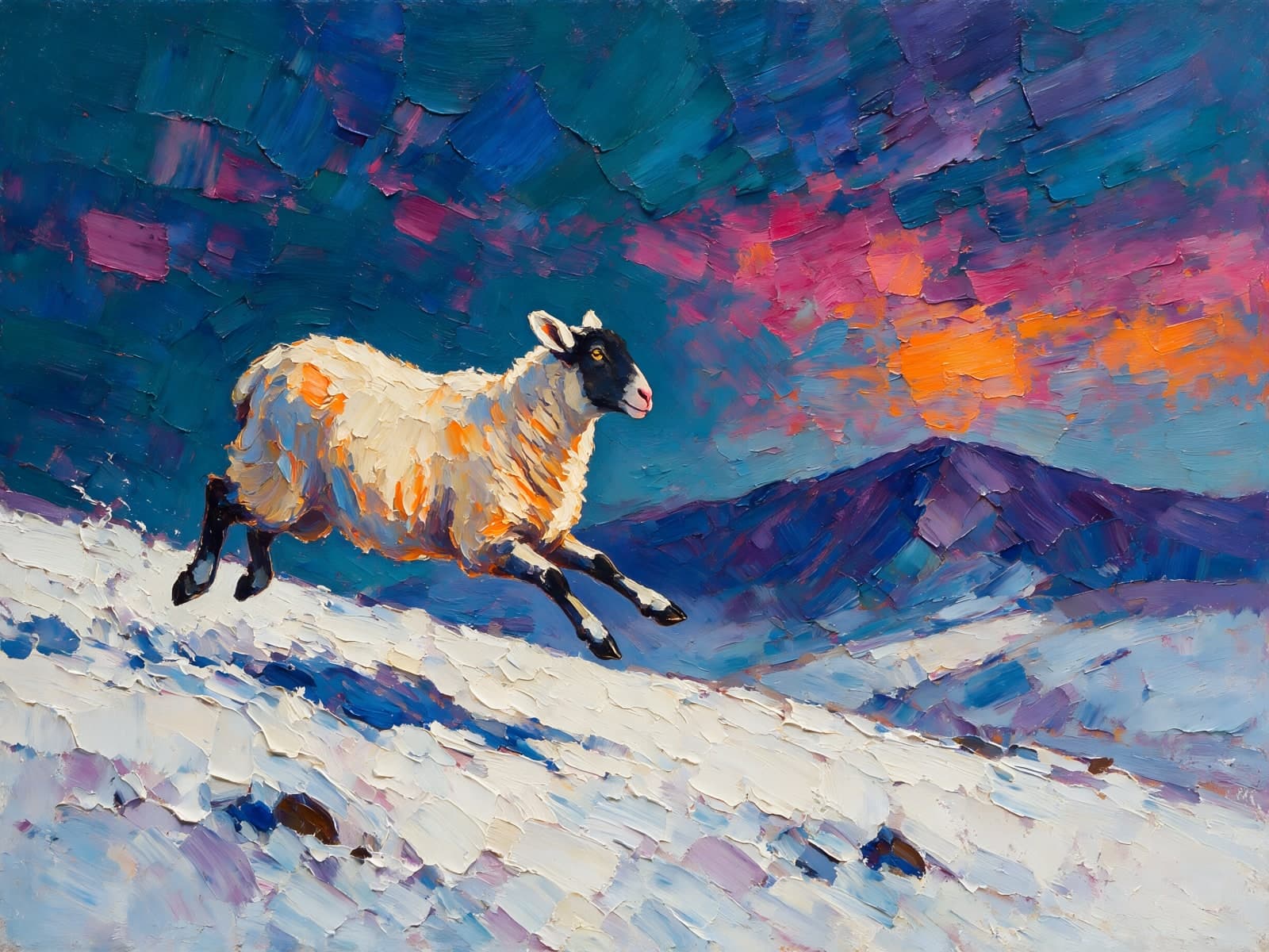 Schaap in sneeuw onder roze oranje lucht