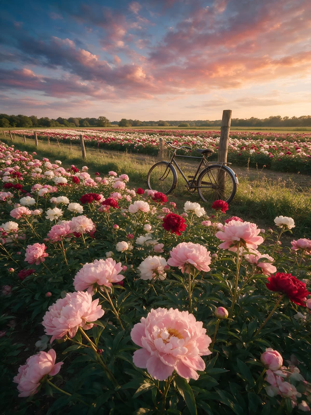 Pioenrozenveld met fiets bij roze avondlucht