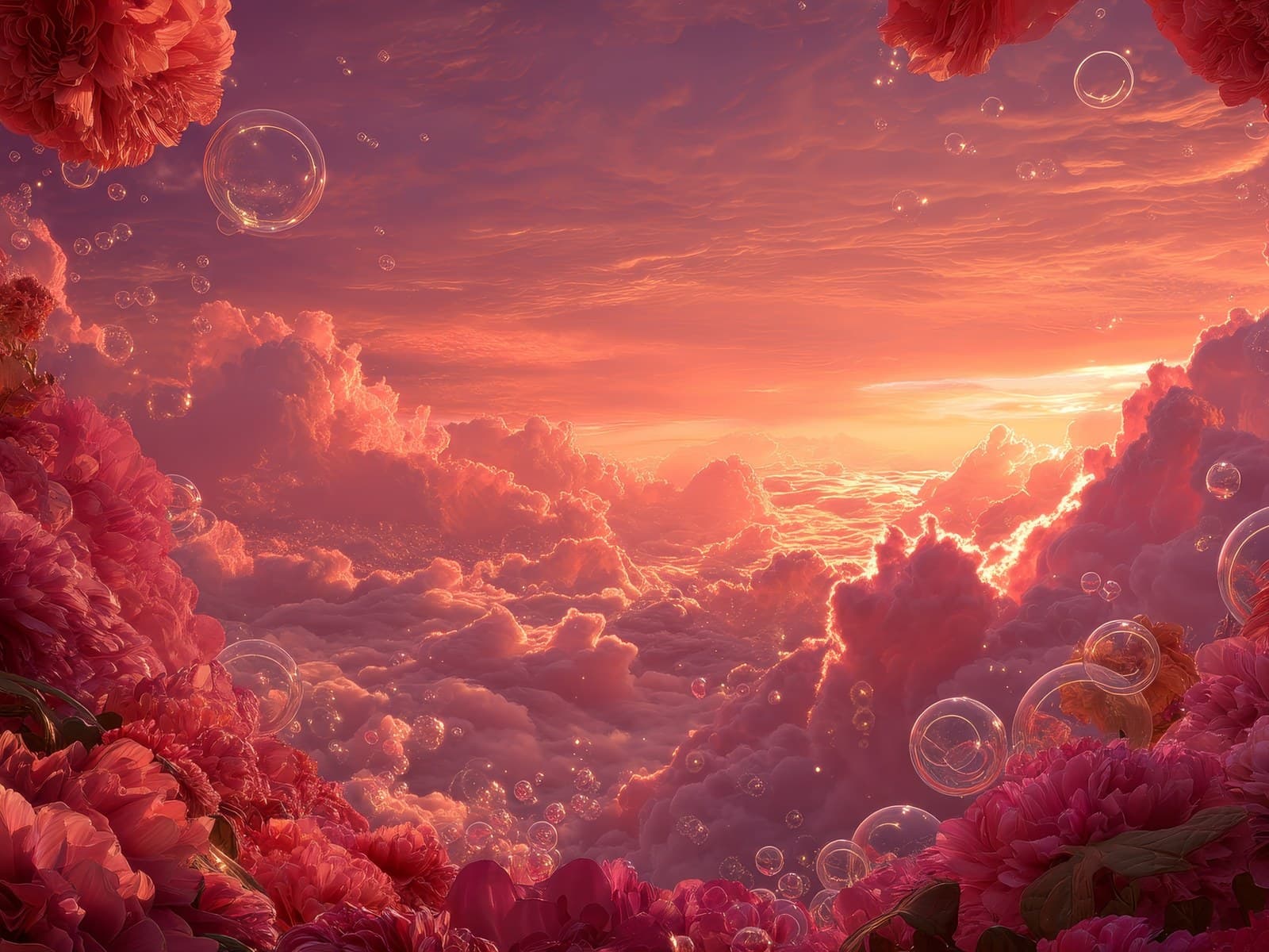 Roze wolkenzee tussen rode bloemenheuvels met zeepbellen