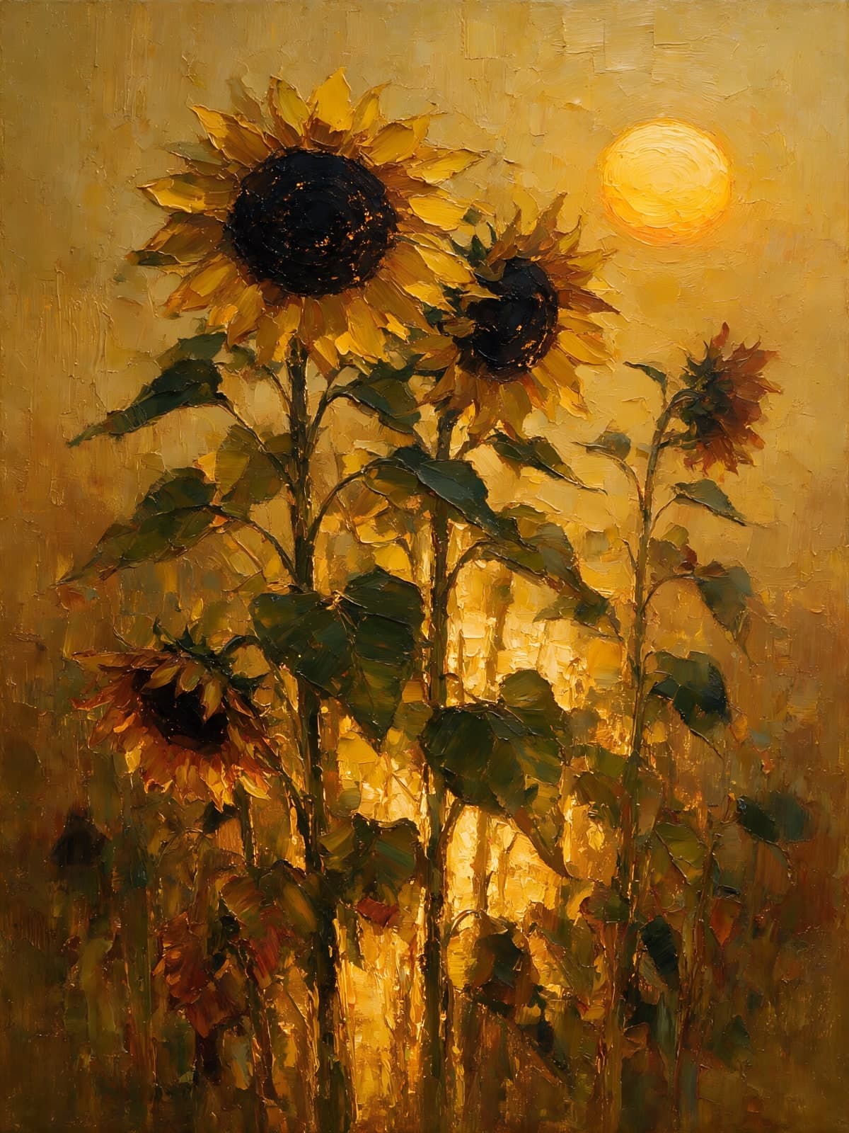 Hoge zonnebloemen onder een gele zon