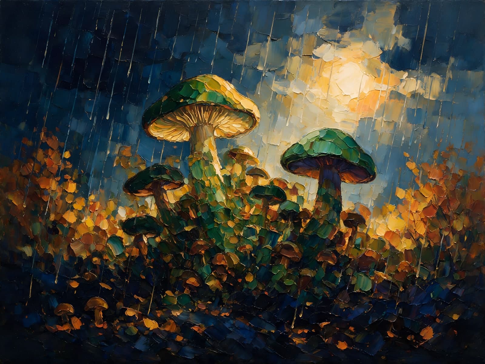 Groene paddenstoelen in nachtelijke regen