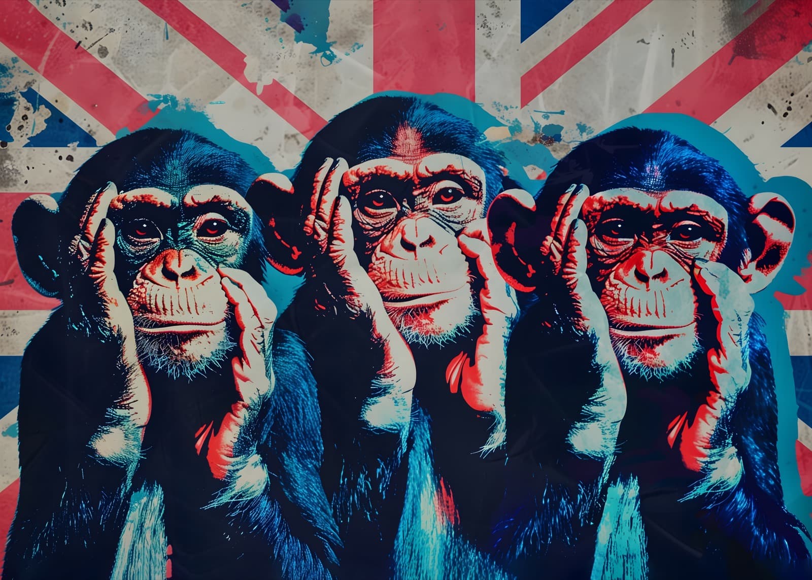 Drie chimpansees voor een Britse vlag