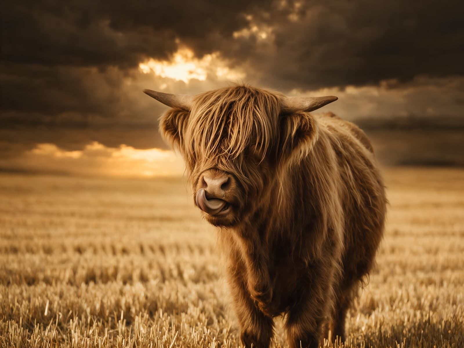 Hooglander in graanveld onder donkere wolken