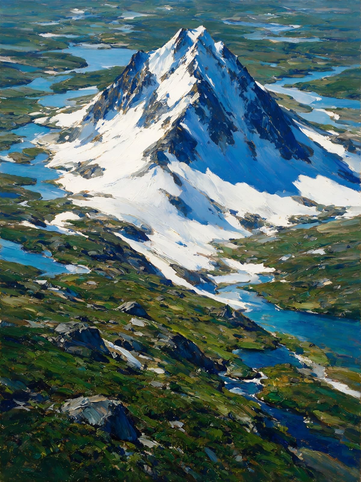 Besneeuwde berg tussen blauwe meertjes