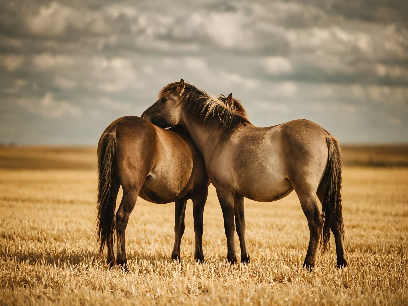 Twee paarden tegen elkaar in stoppelveld