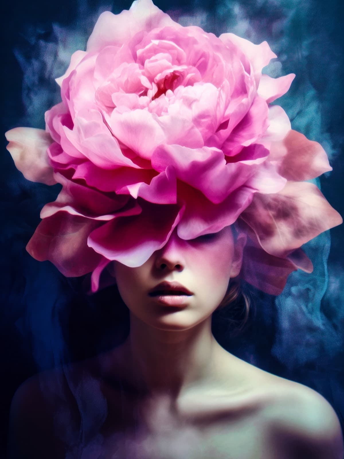 Roze pioen in blauwe rook boven gezicht