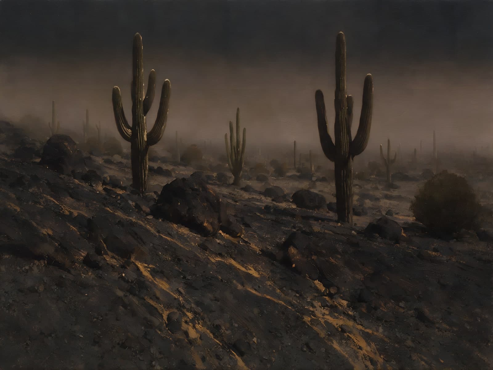 Reuzencactussen op een donkere heuvel in mist