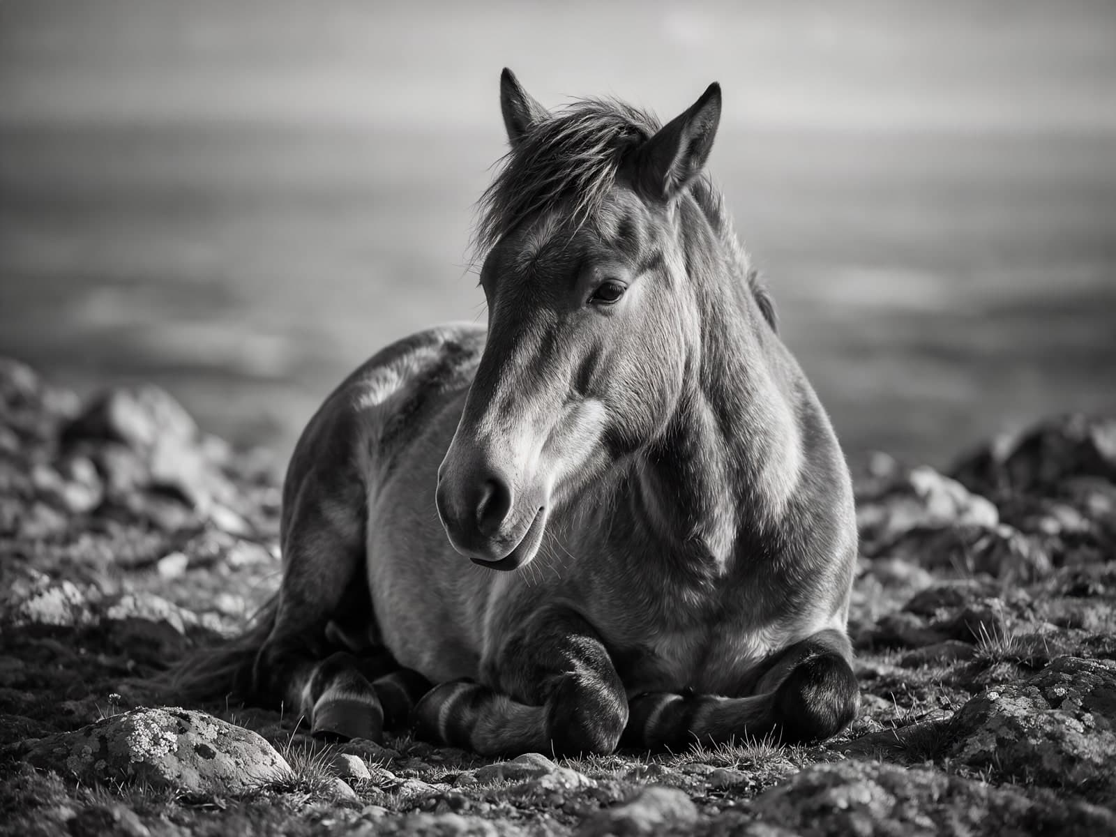 Liggend paard op stenige grond in grijstinten