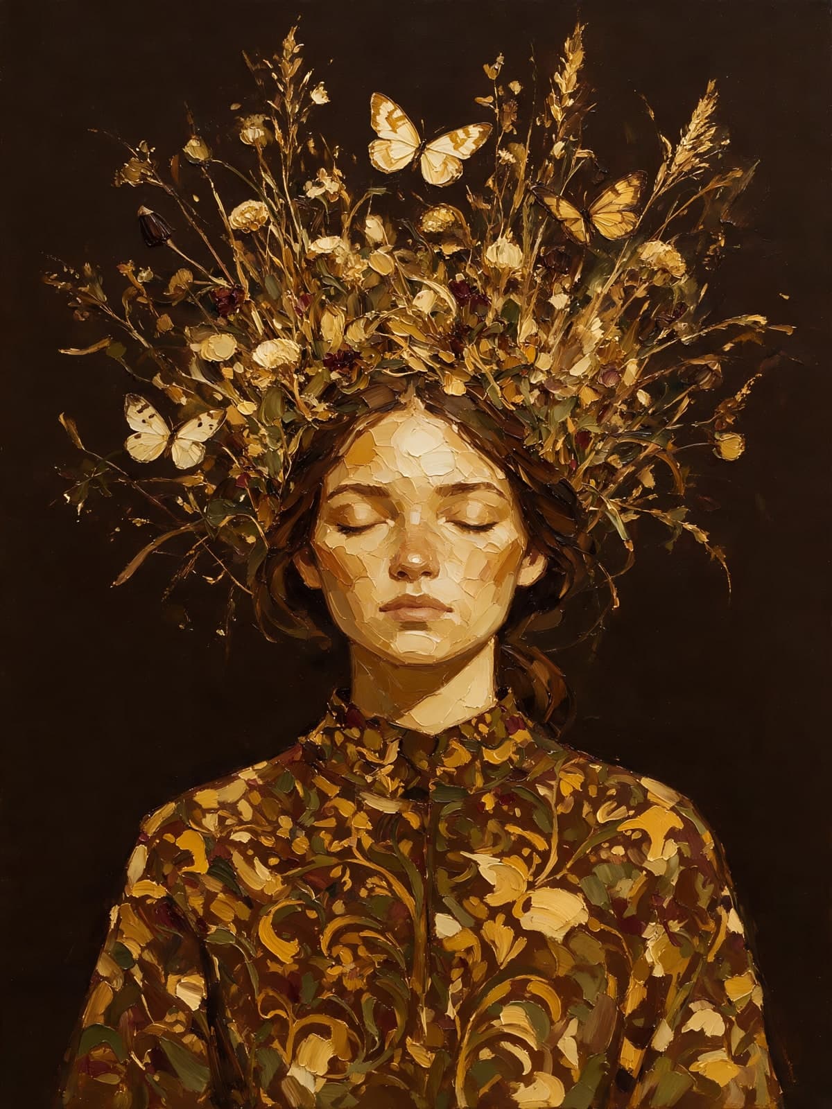 Vrouw met gouden bloemenkroon en vlinders