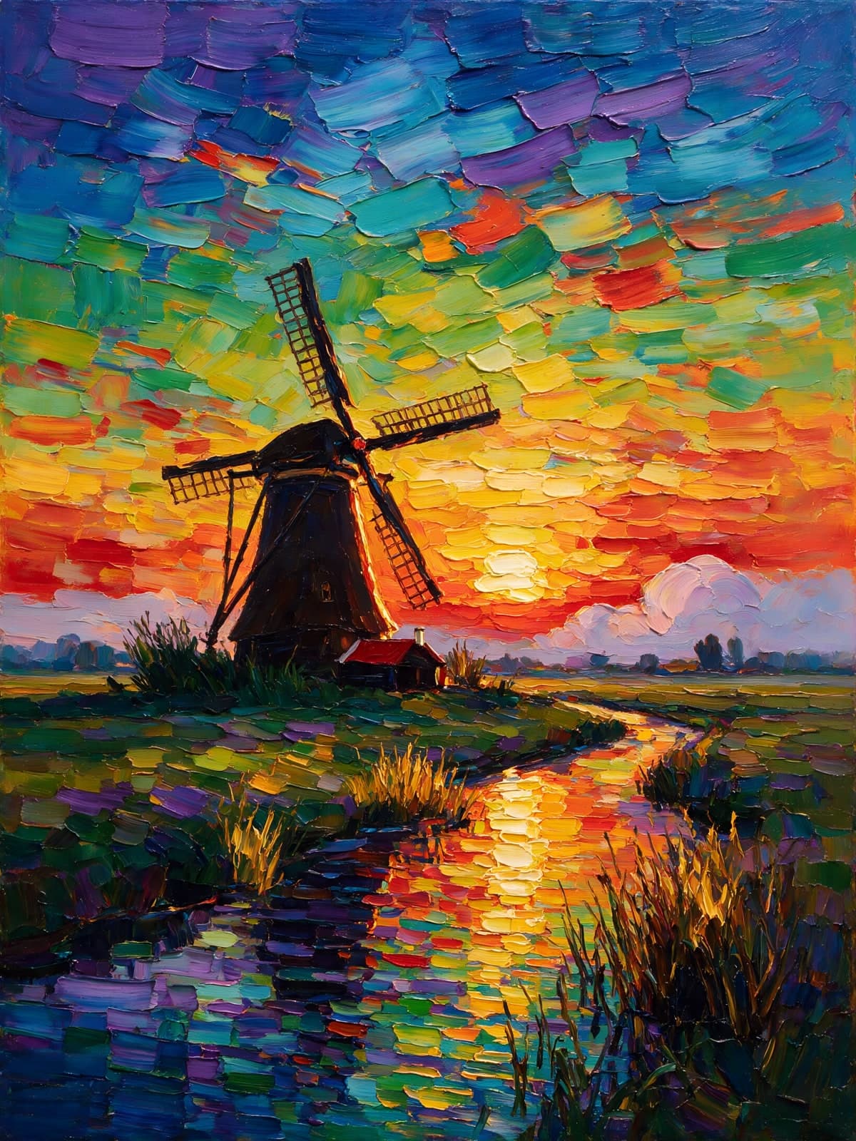Molen langs een beek met regenboogkleurige lucht