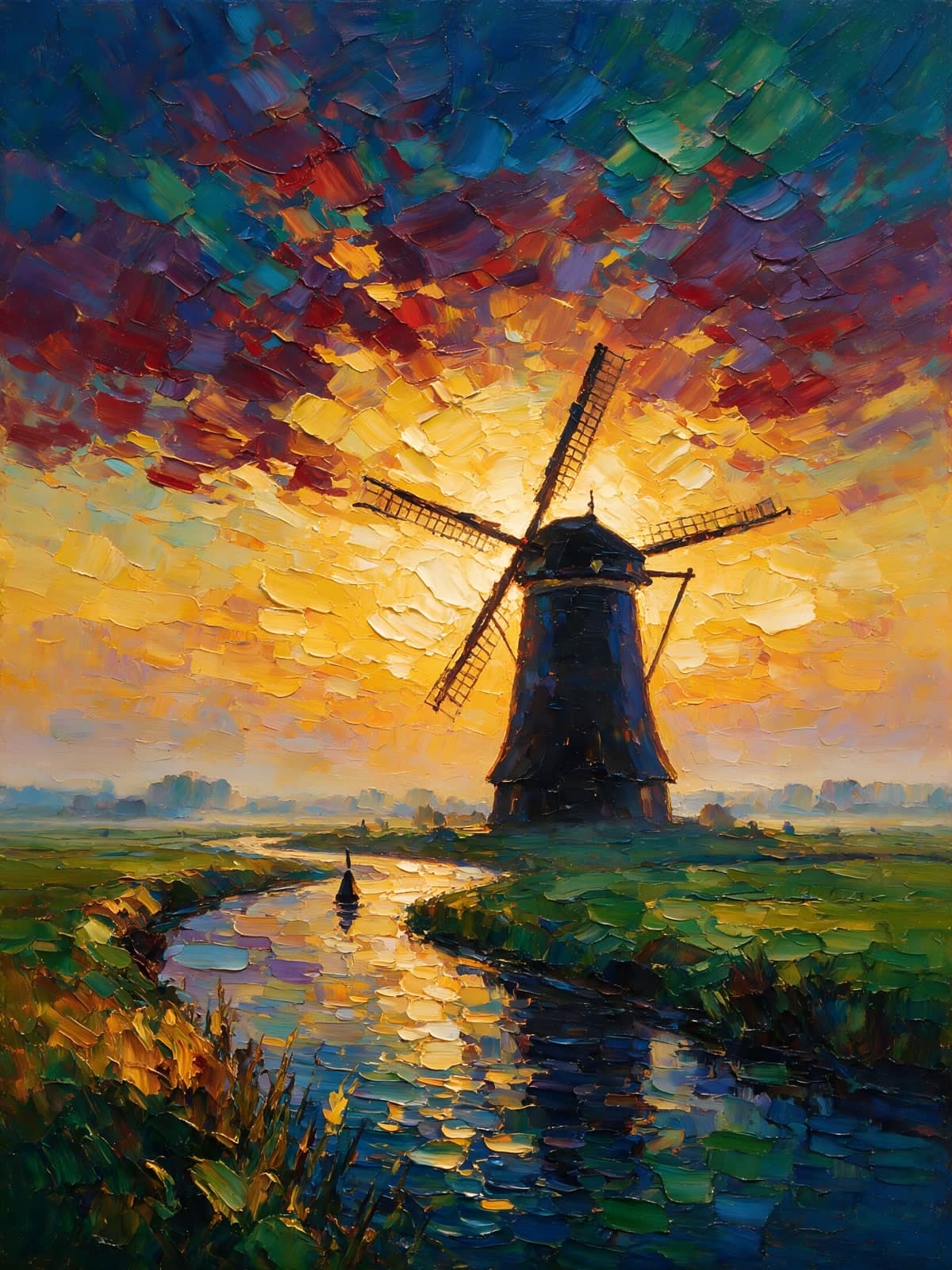 Donkere molen voor een gloeiende hemel
