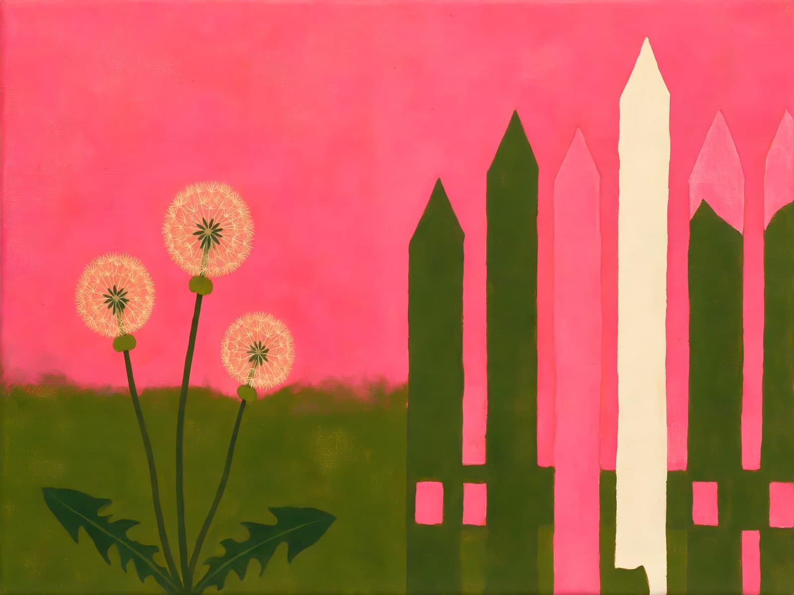 Drie paardenbloemen voor een roze hemel