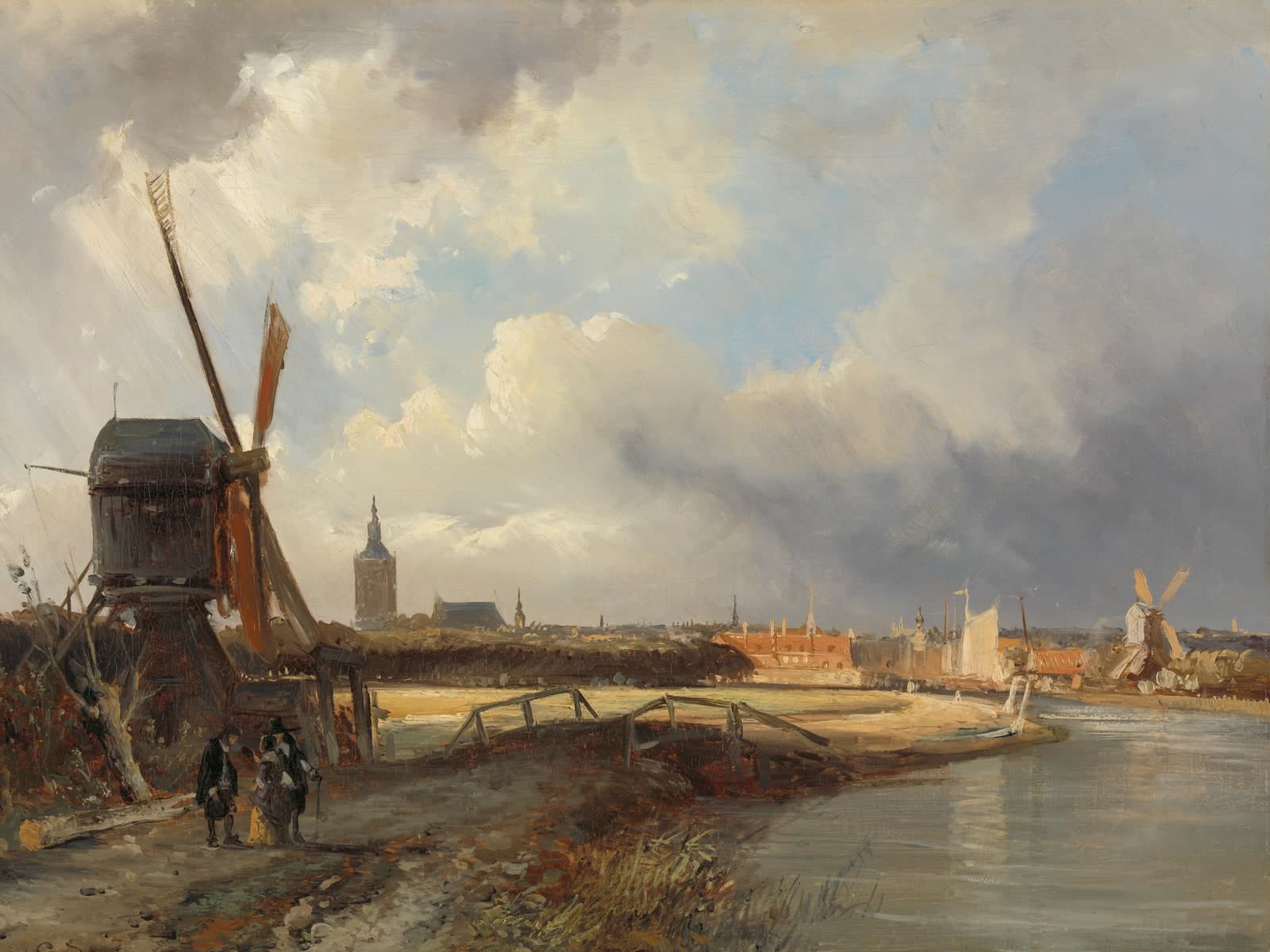 Gezicht op Den Haag met een houten molen