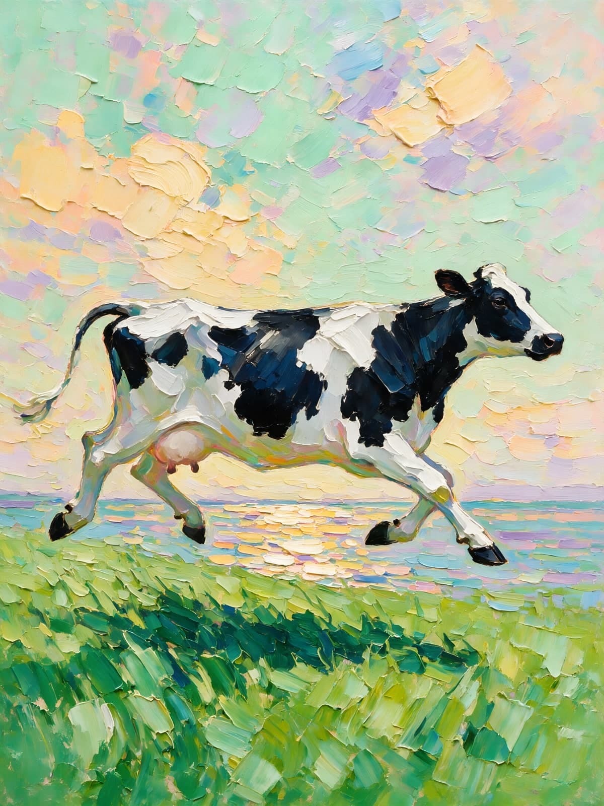 Springende koe in pastelkleuren
