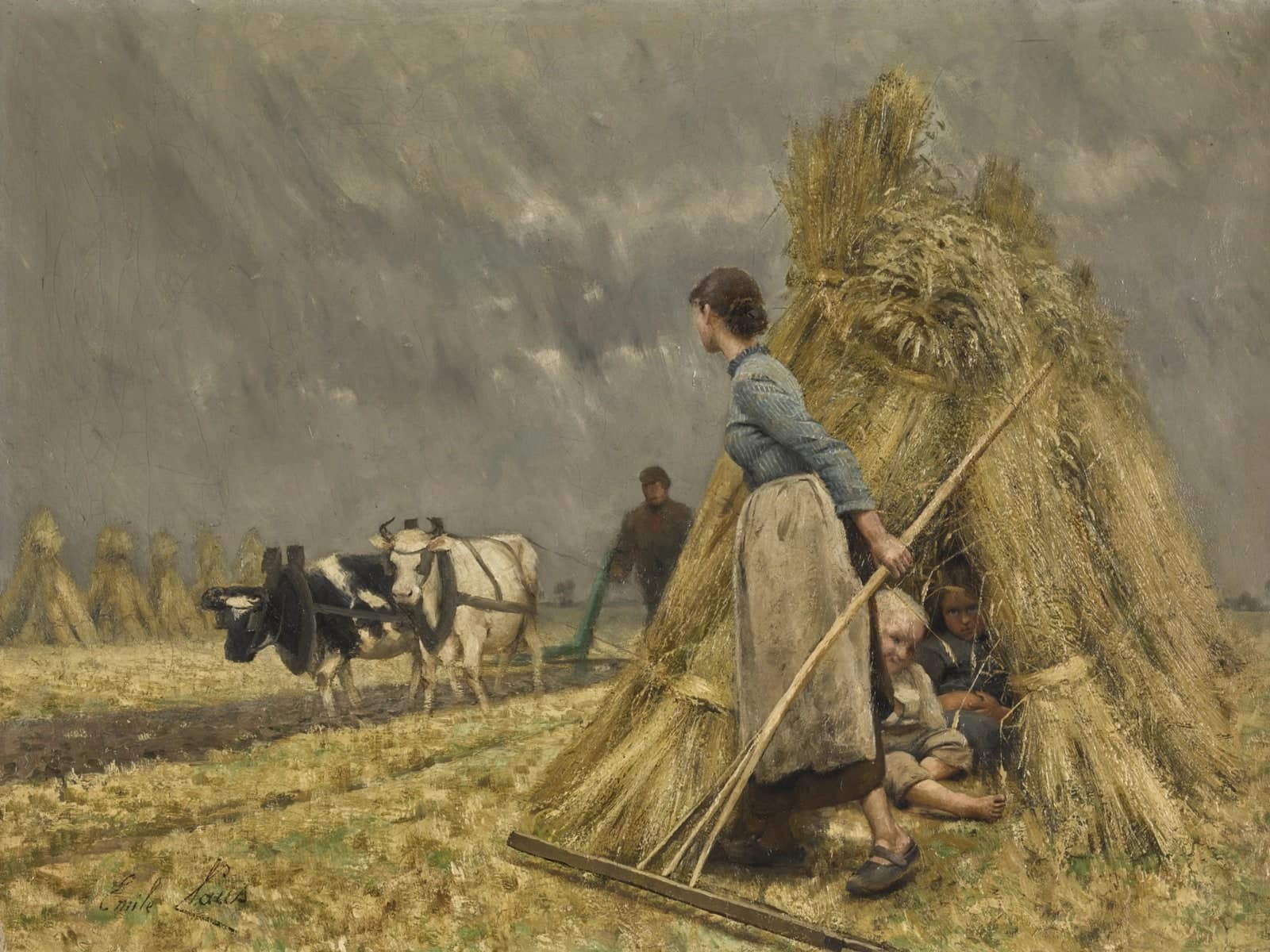De hooiers met ossen onder een grijze lucht