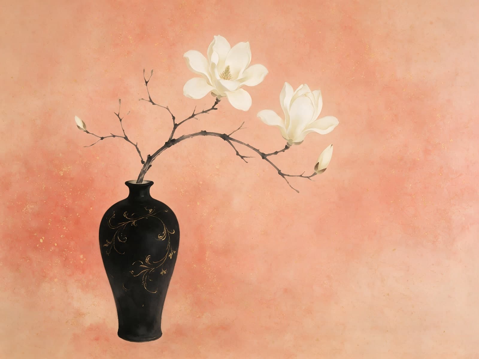 Witte magnolia in zwarte vaas op roze