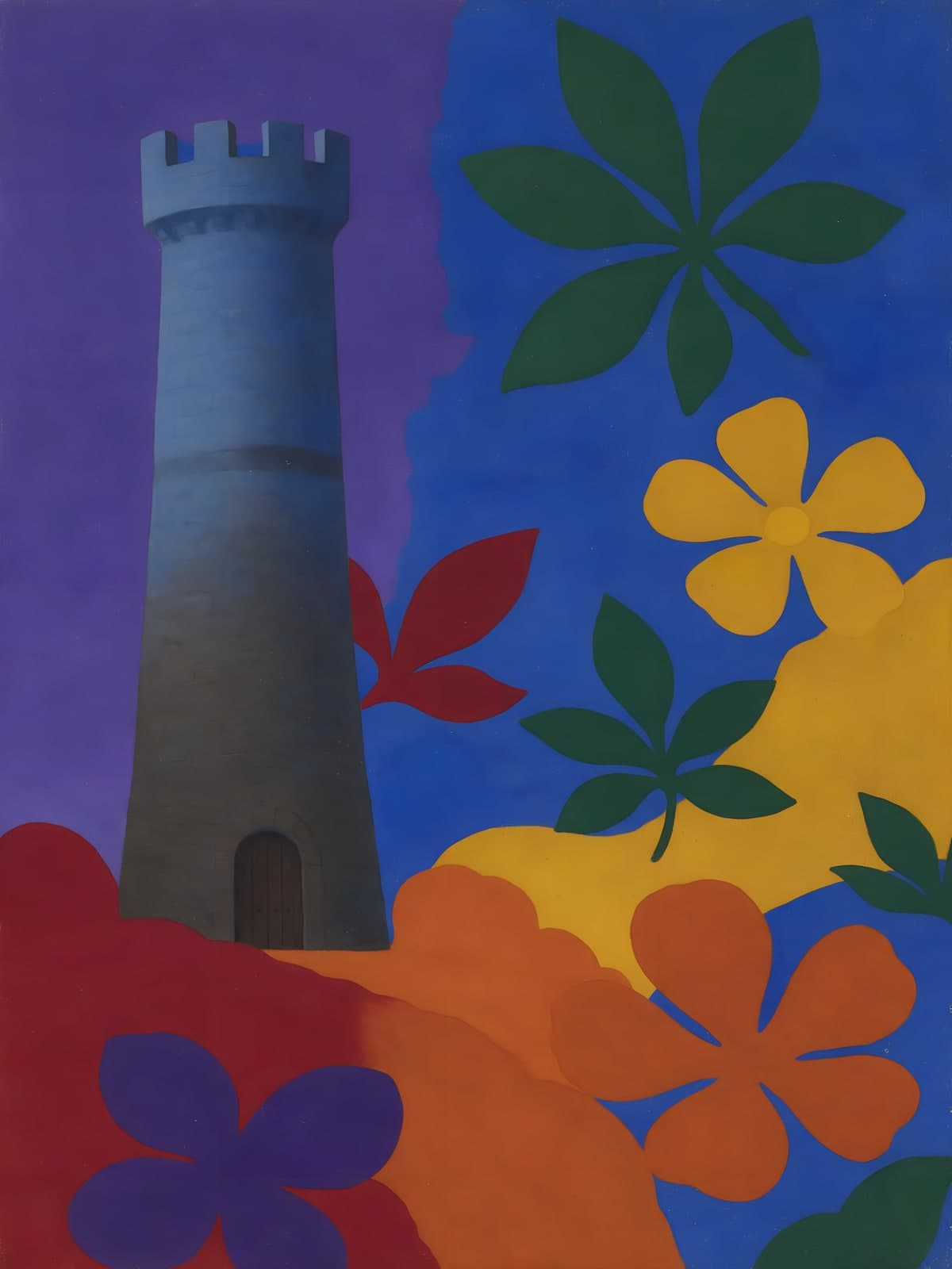 Grijze toren tussen kleurrijke bladvormen