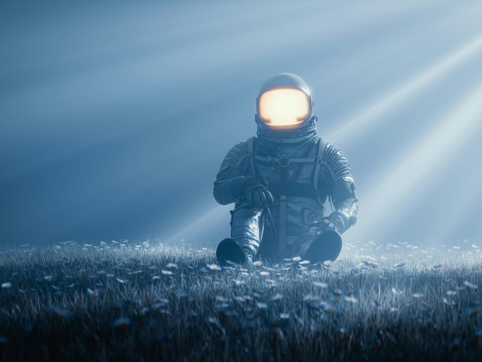 Astronaut zit in het gras onder lichtstralen