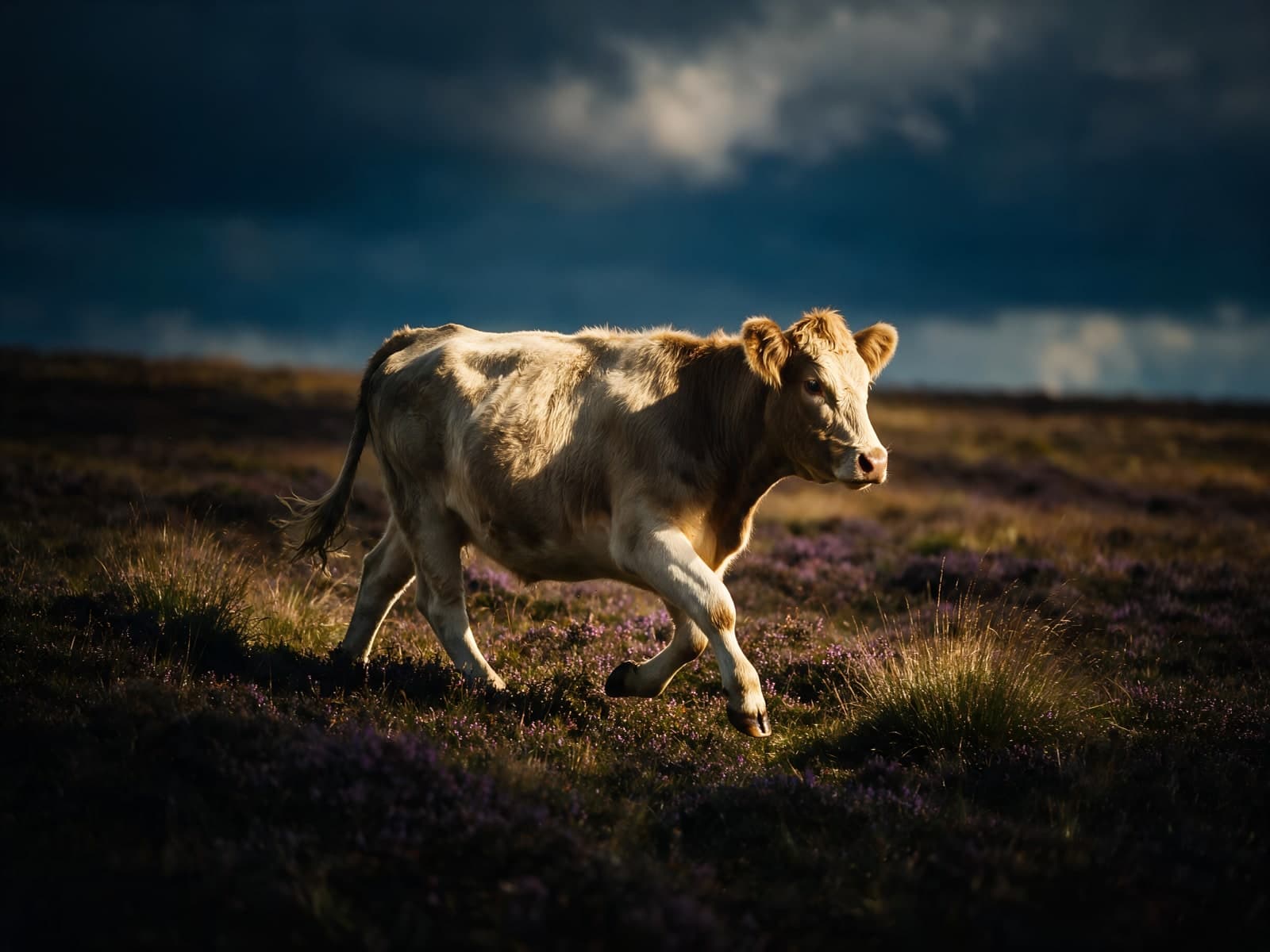 Koe op de heide onder donkere wolken