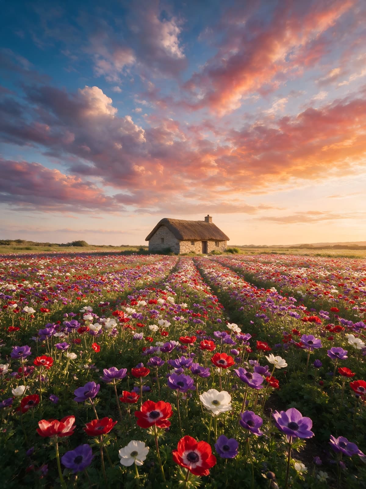 Bloemenveld met huisje onder roze wolken