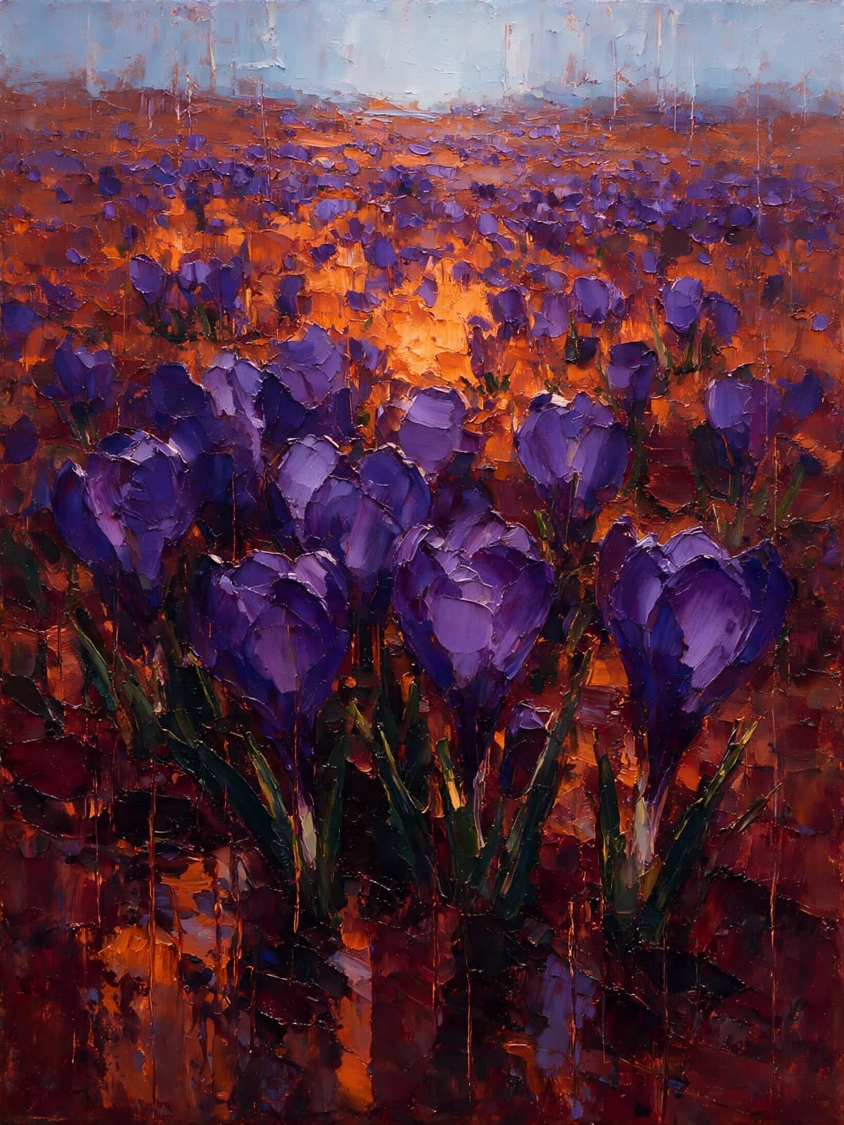 Paarse krokussen in oranje gloed
