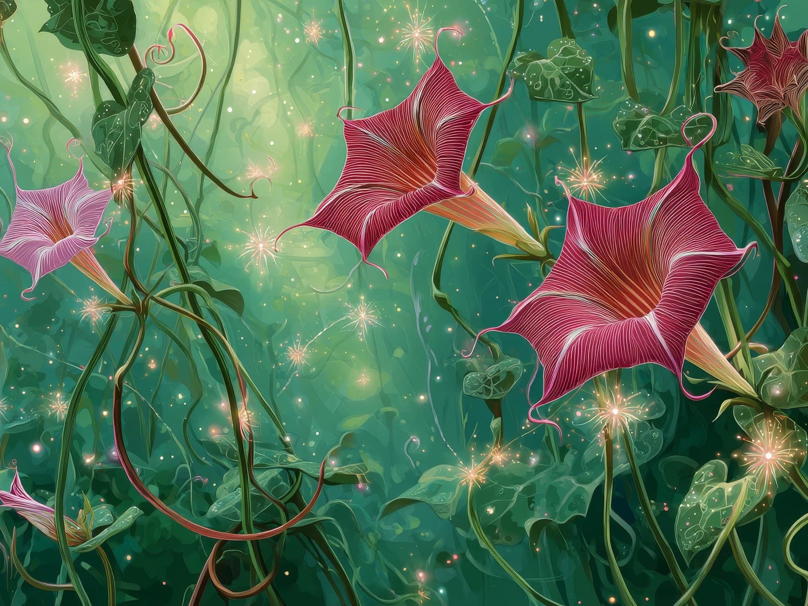Roze trompetbloemen aan groene ranken