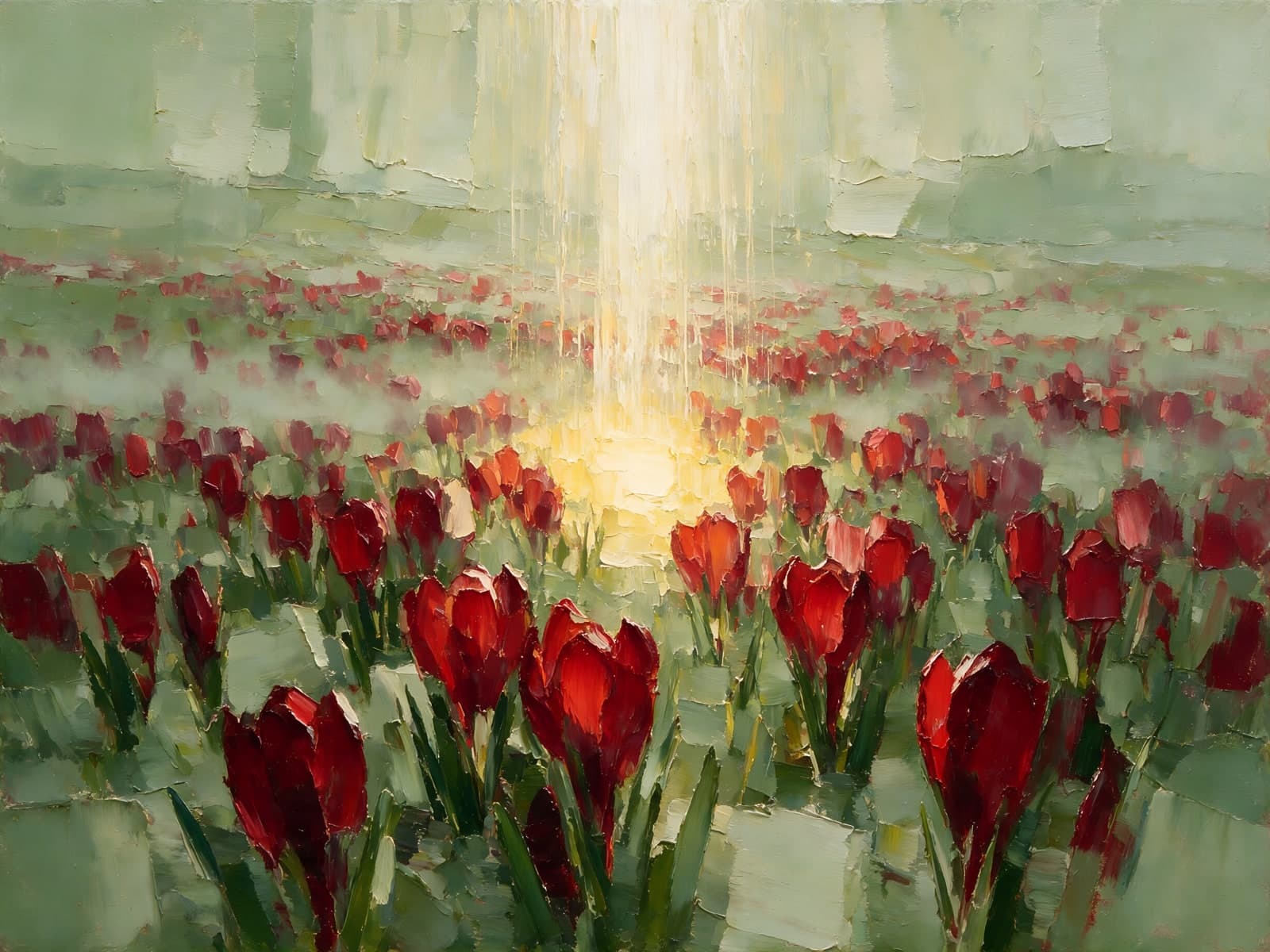 Rode tulpen in mist met stralend licht