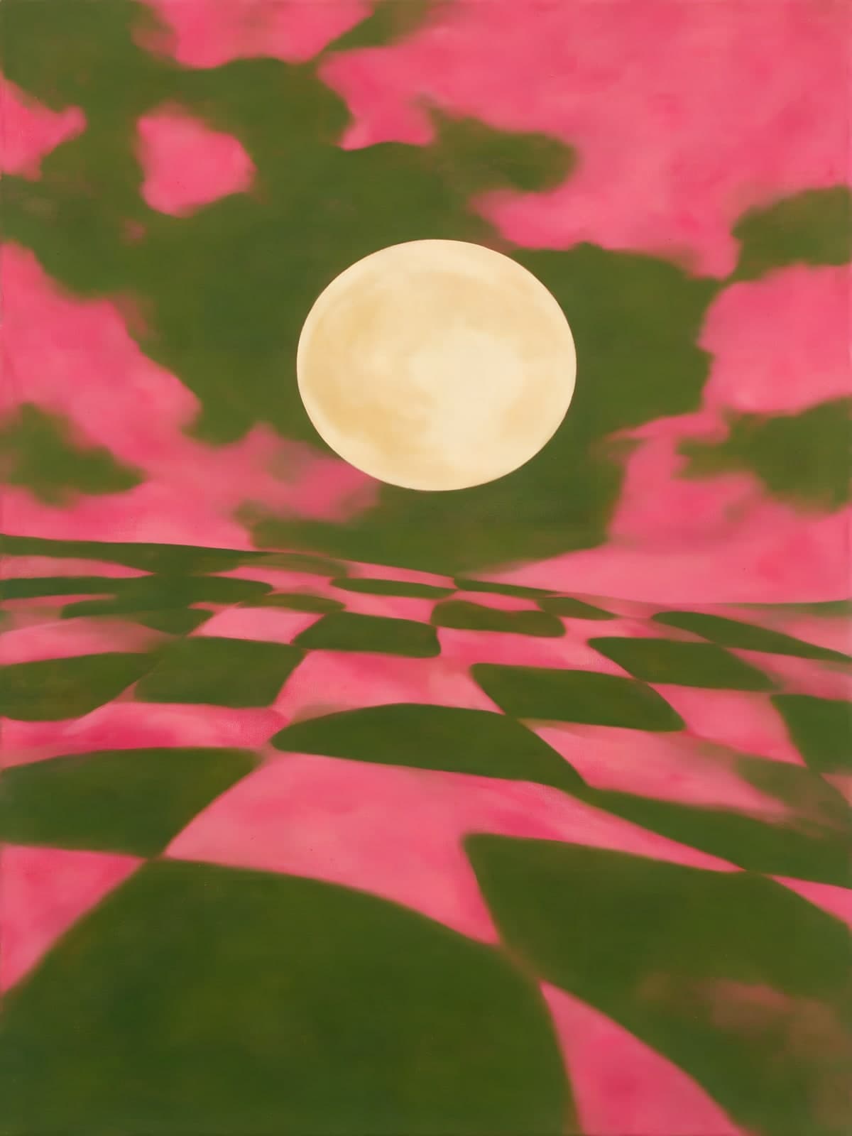 Bleke maan boven roze en groen ruitveld