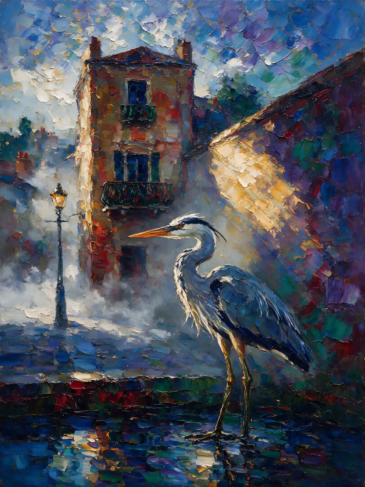 Reiger bij een lantaarn in blauwe avondmist