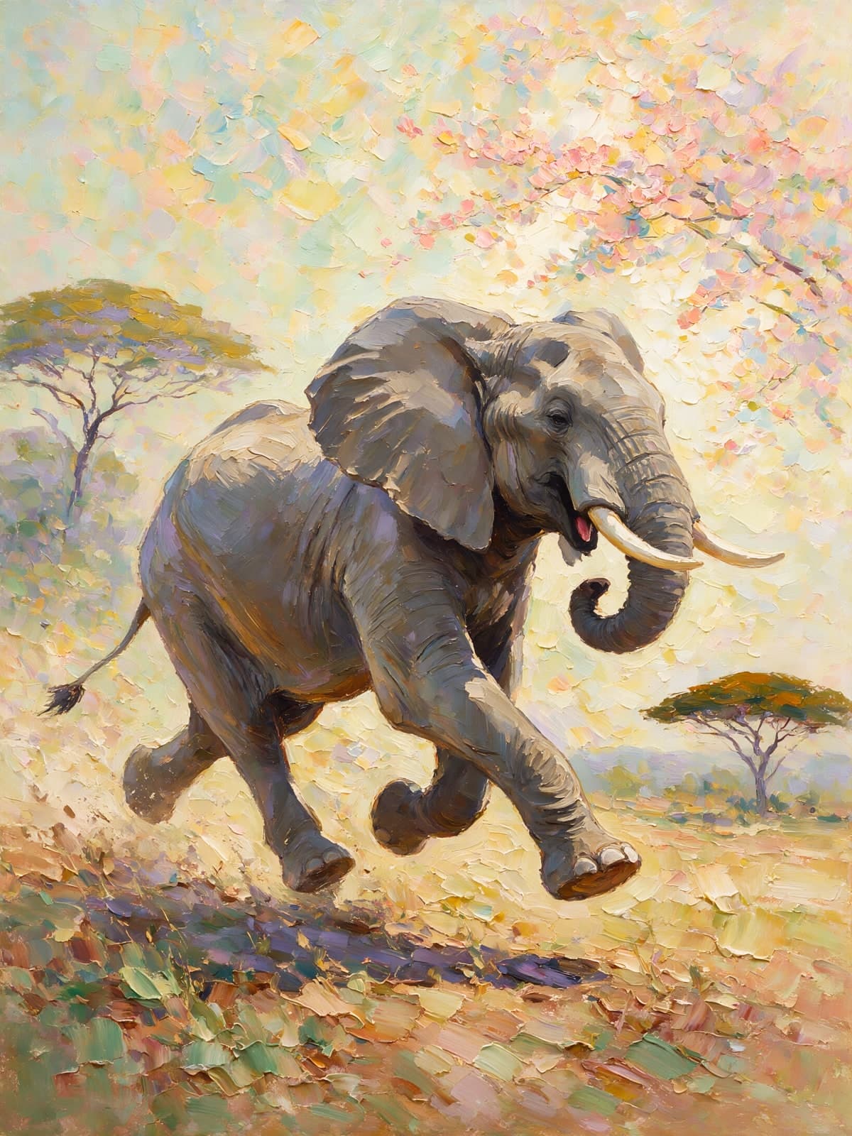 Rennende olifant onder bloesemtakken op de savanne
