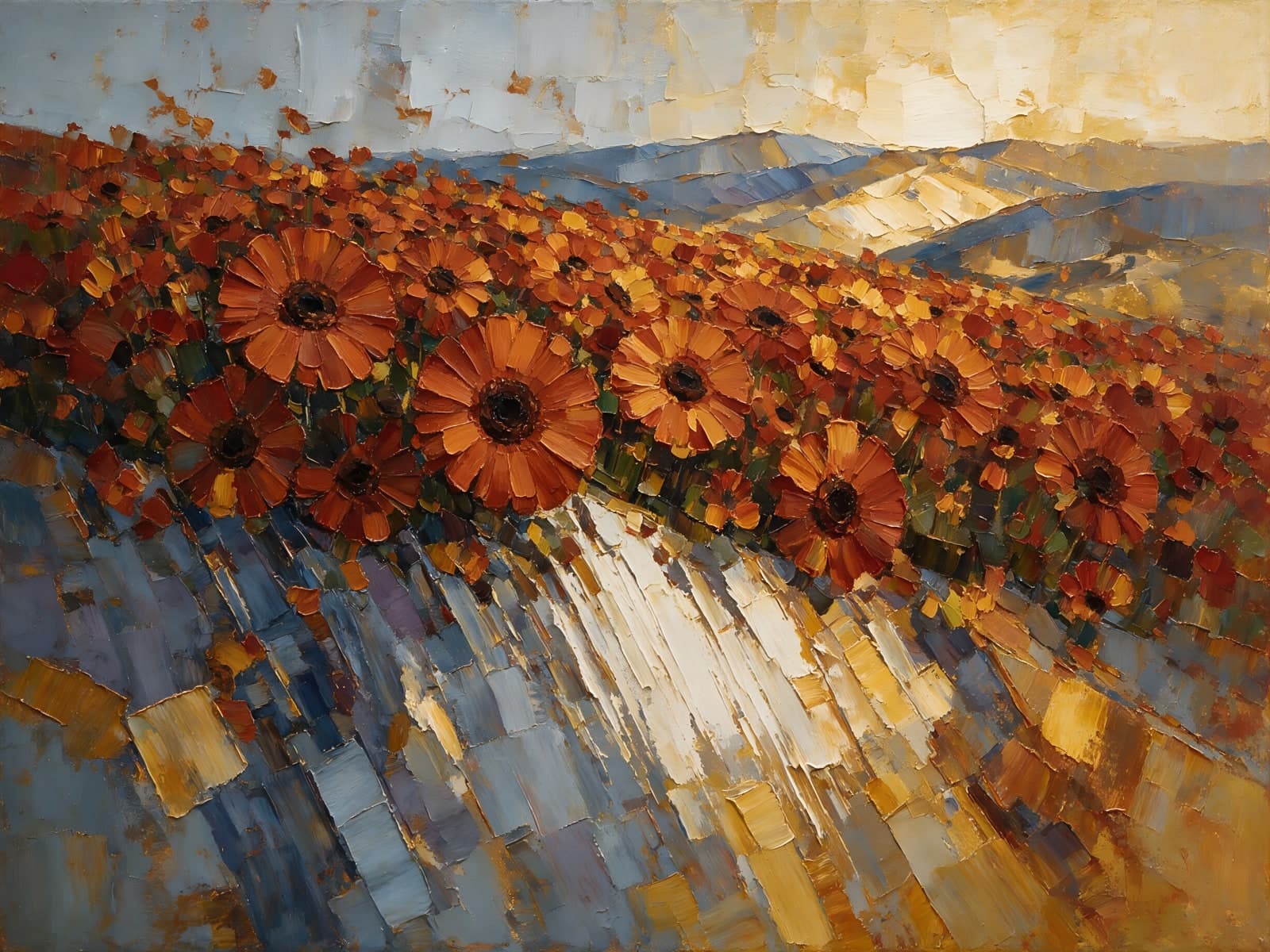 Oranje bloemen langs een heuvel in verf