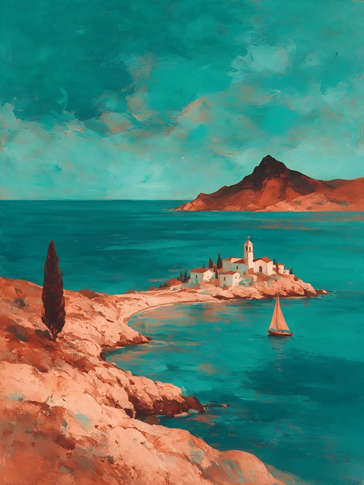 Witte kapel aan een turquoise baai
