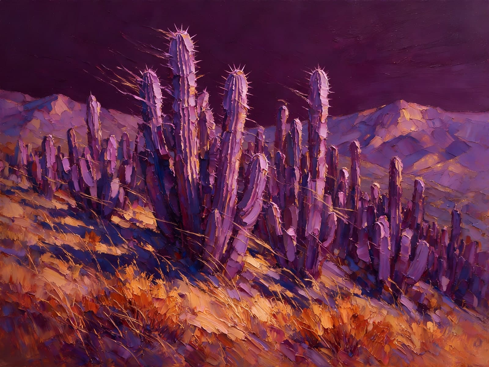 Paarse cactussen onder een donkere lucht
