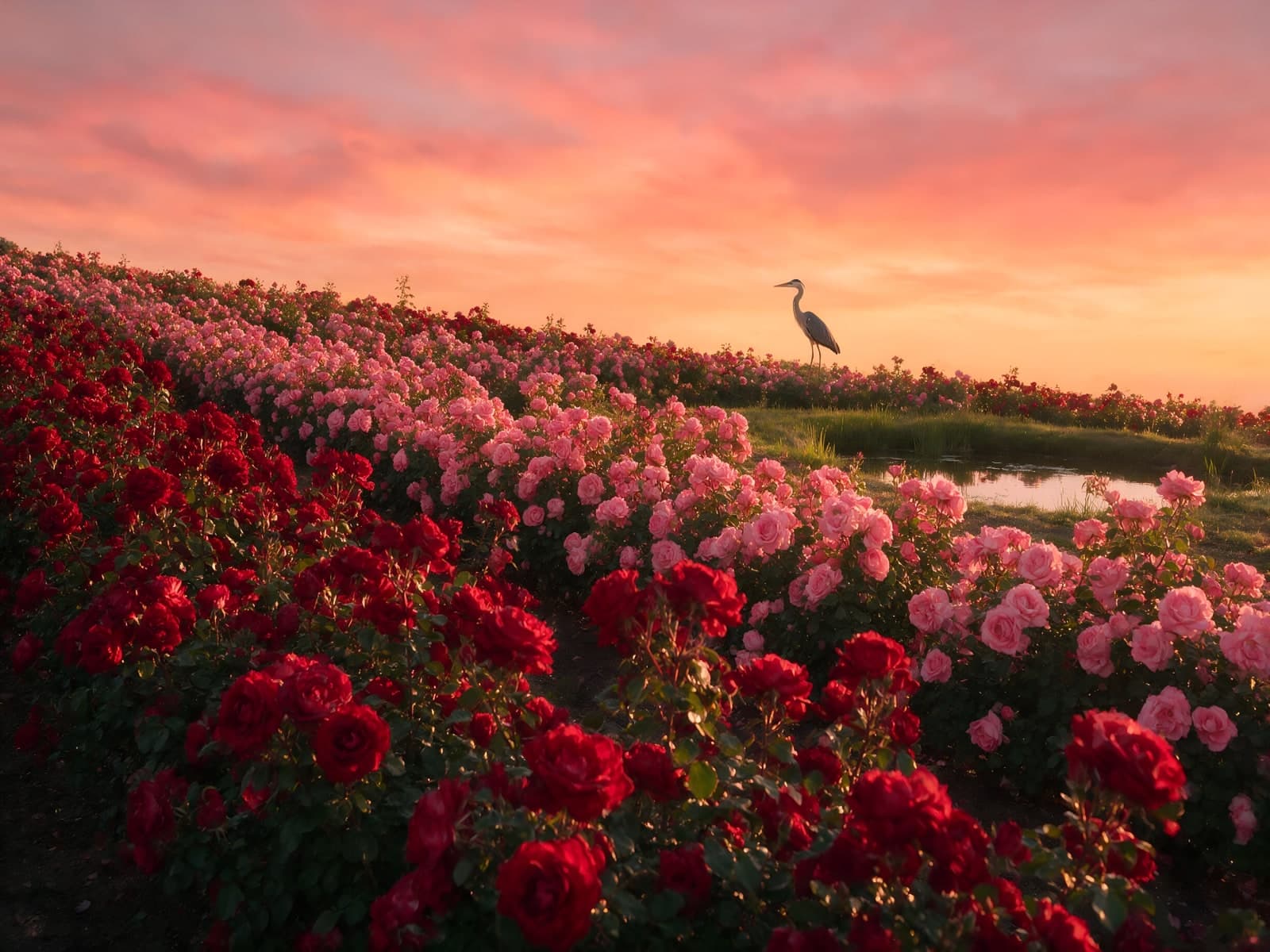 Rozenveld met reiger onder roze avondlucht