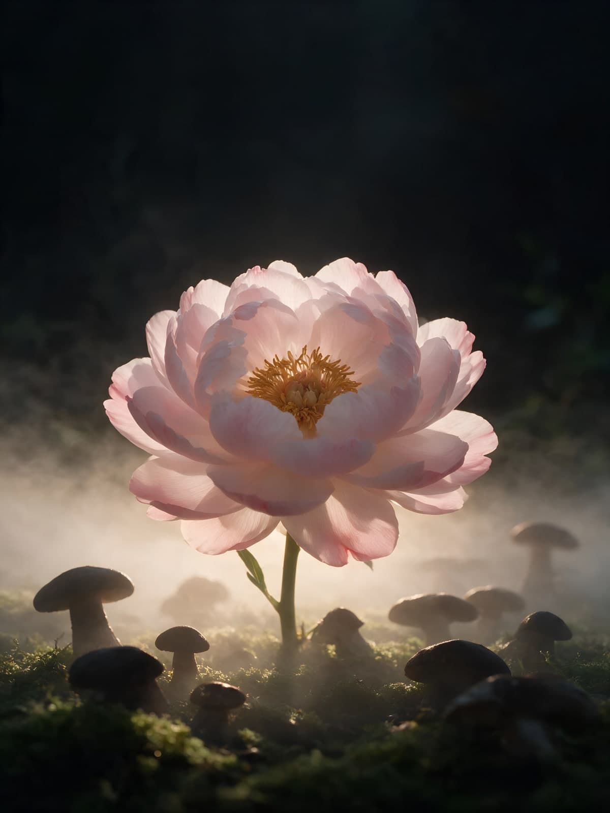 Roze pioen tussen paddenstoelen in nevel
