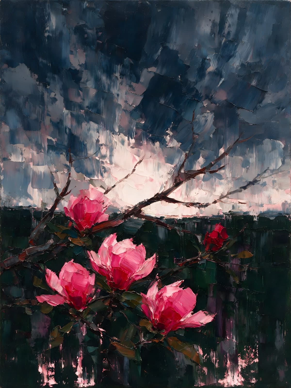 Roze magnolia's onder een stormachtige lucht