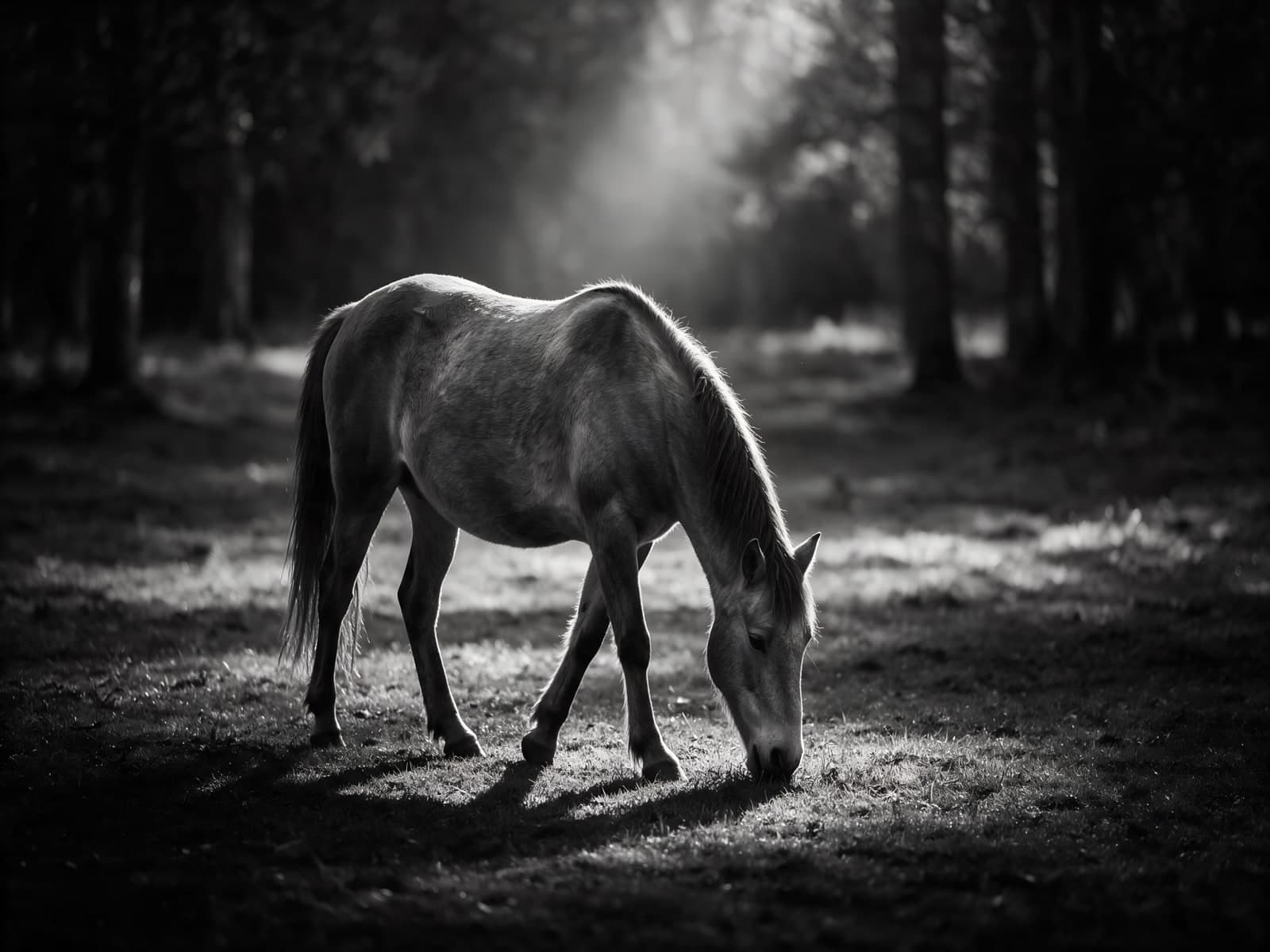 Grazend paard in een zwart wit bos