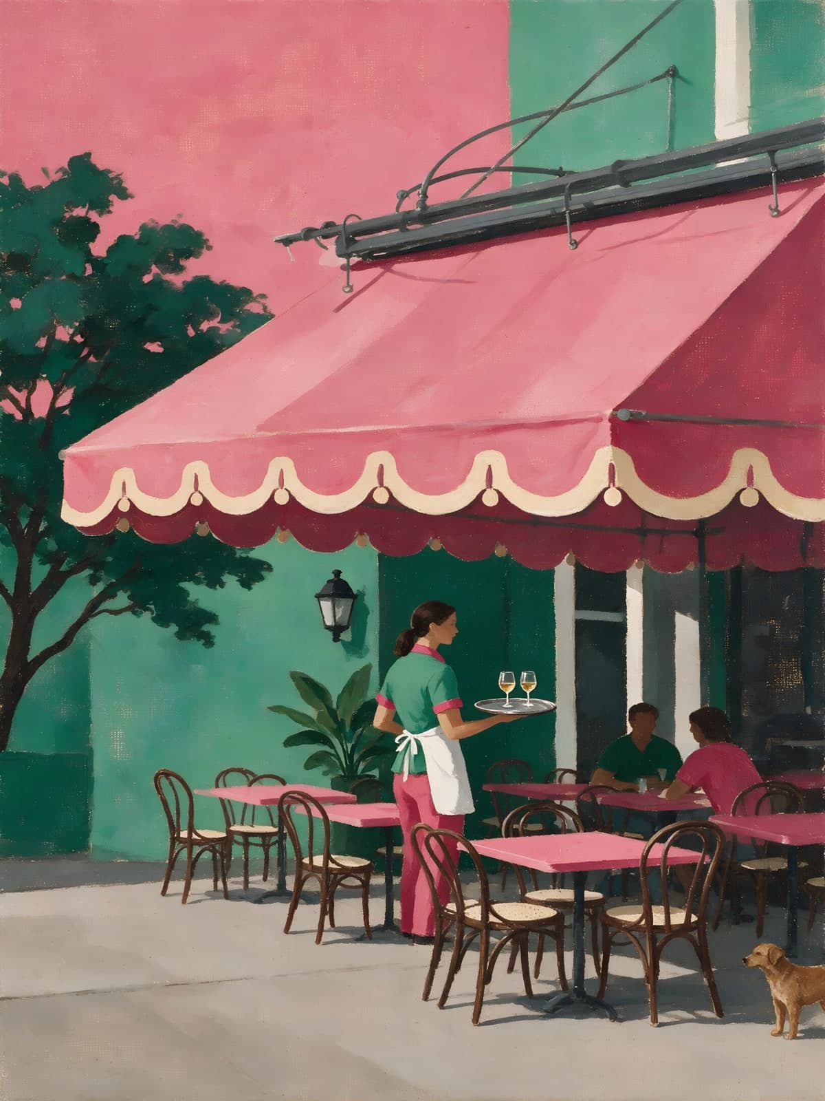 Terras met roze luifel voor groene muur