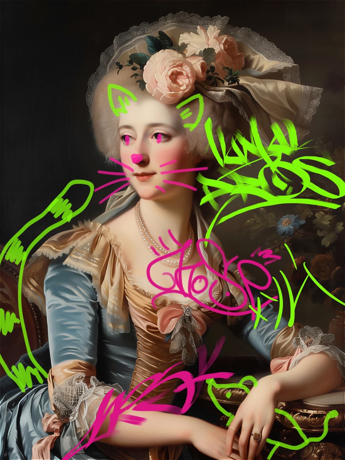 Dame met kattensnor en haarbloemen