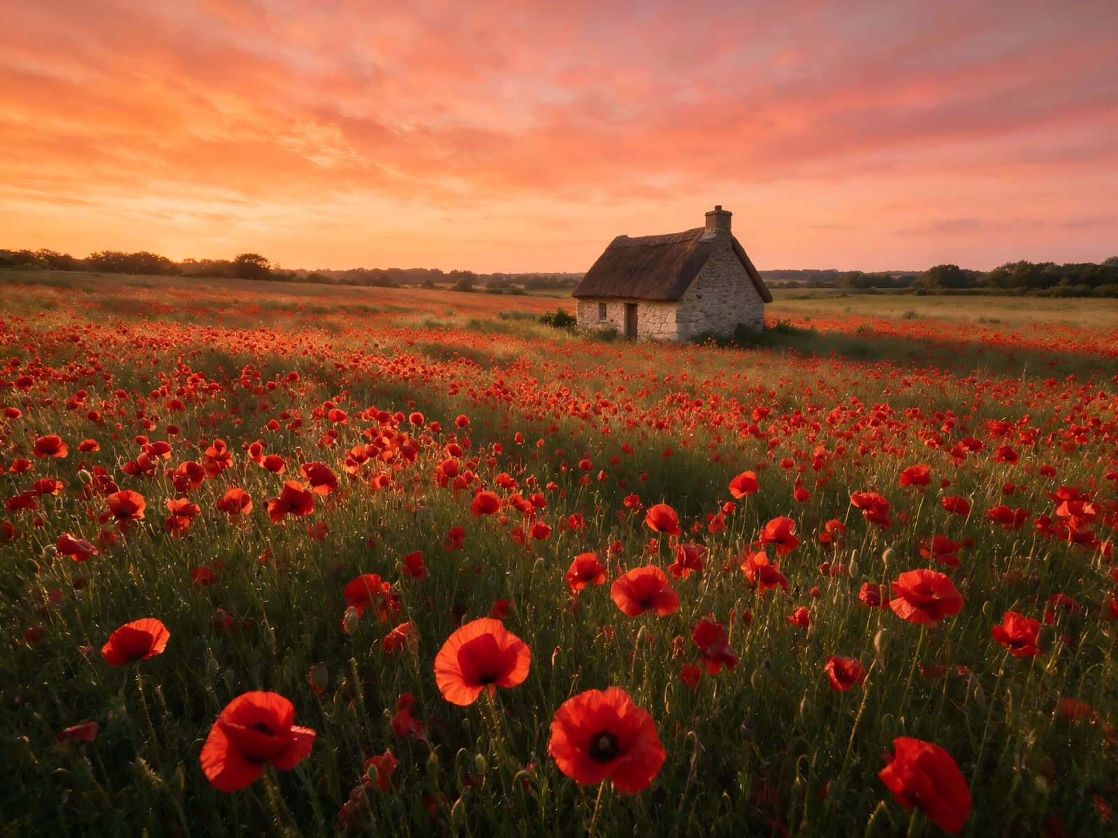 Rood klaproosveld en huisje bij zonsondergang
