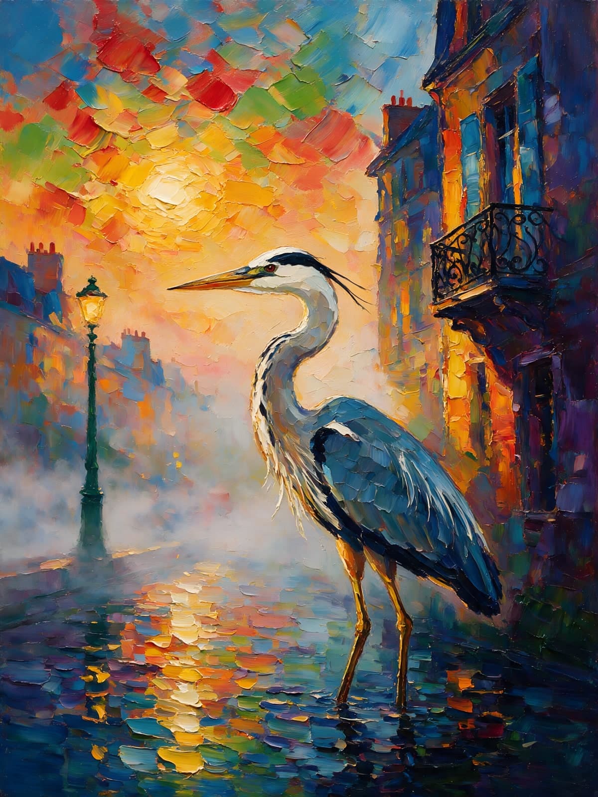 Reiger in een natte straat bij zonsopgang