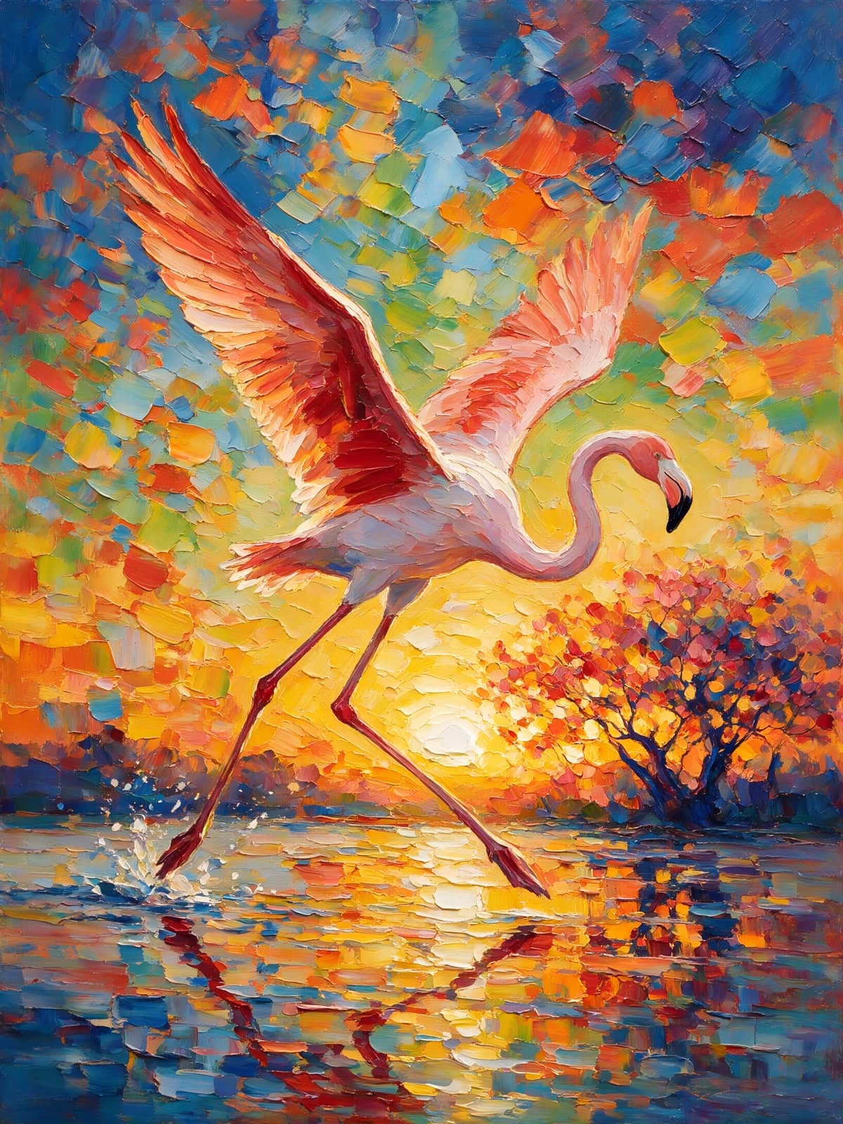 Flamingo met open vleugels bij zonsondergang