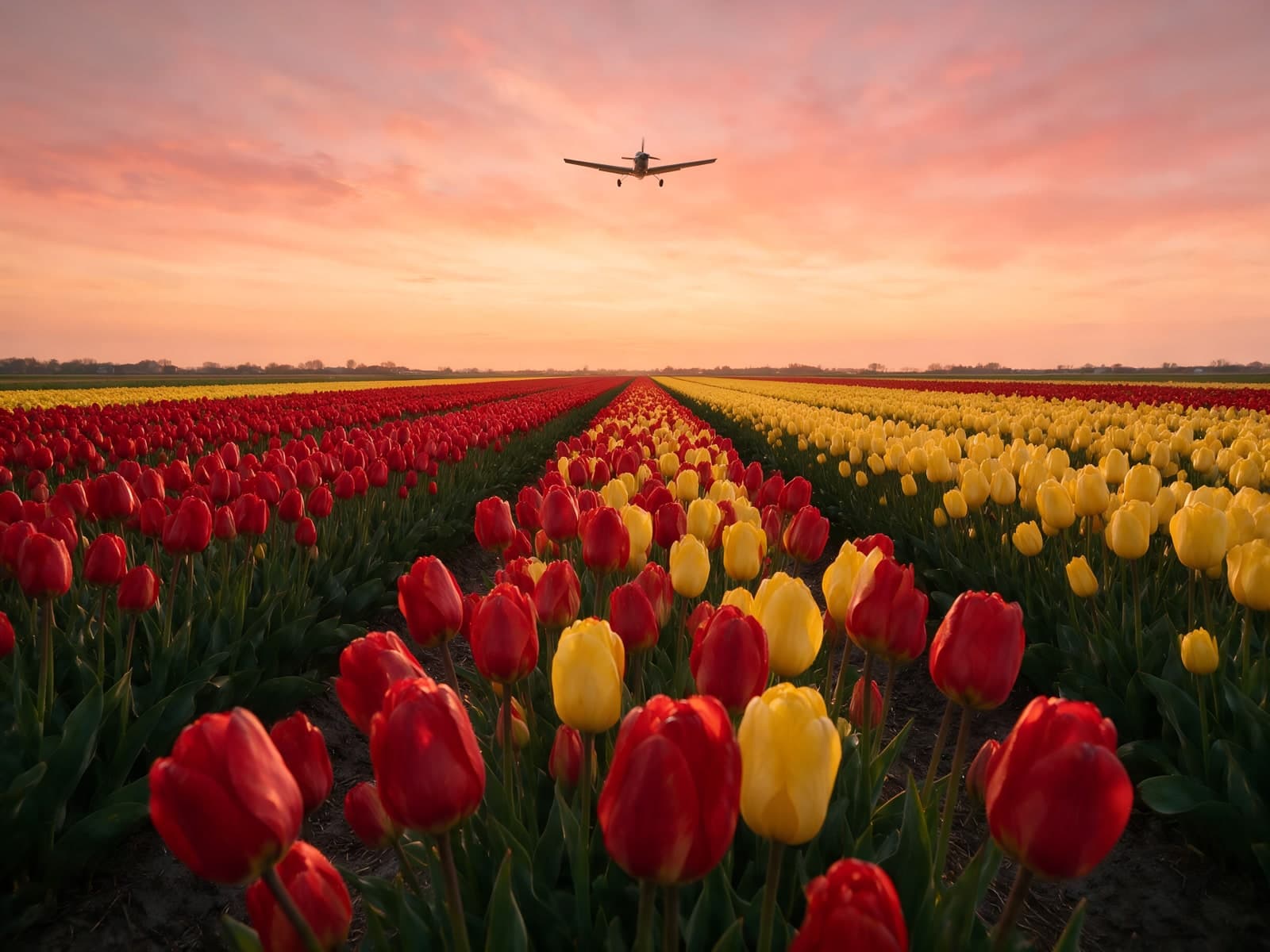 Tulpenveld met vliegtuig bij roze avondlucht