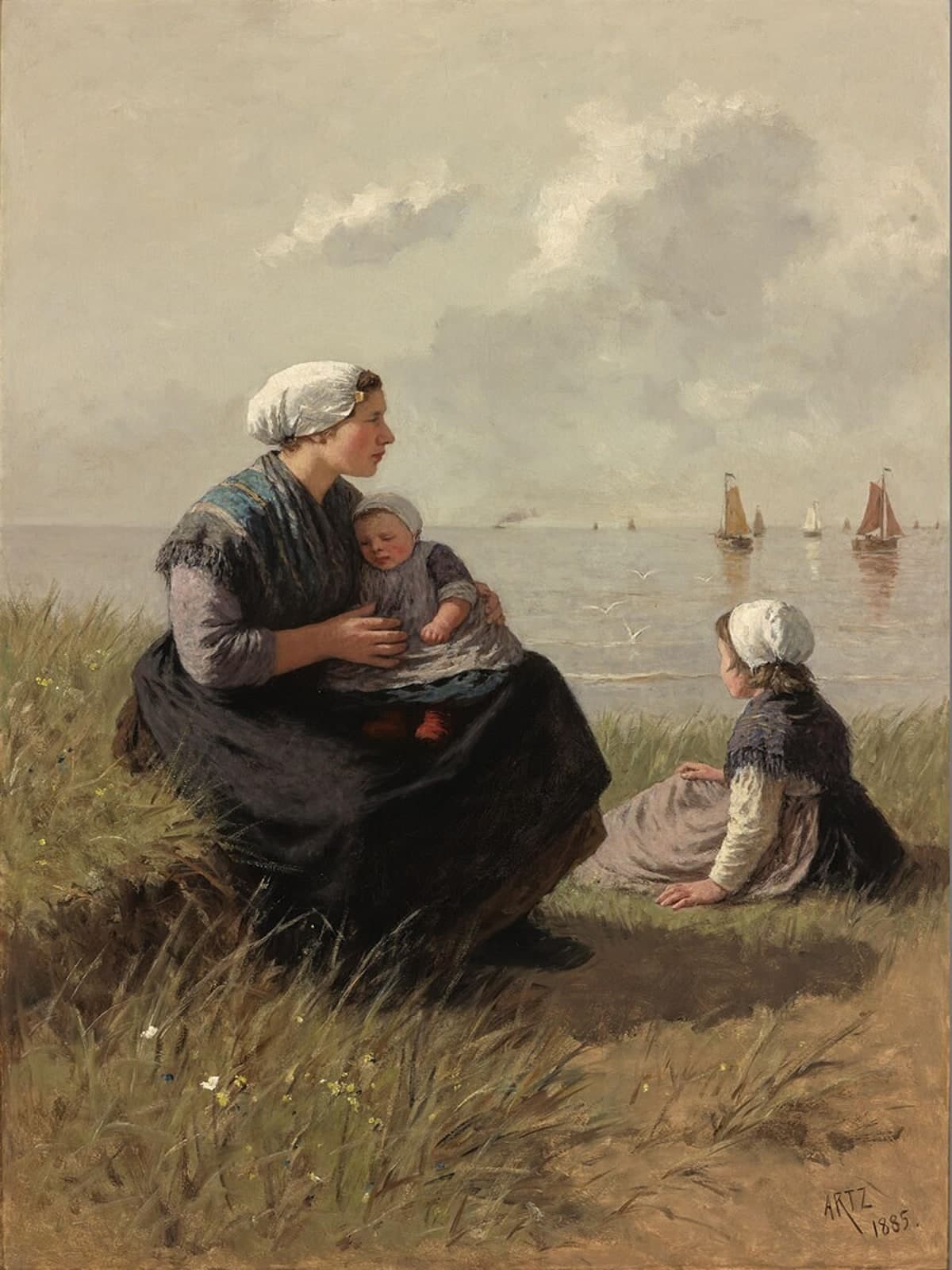 Vissersvrouw met kinderen op een duin