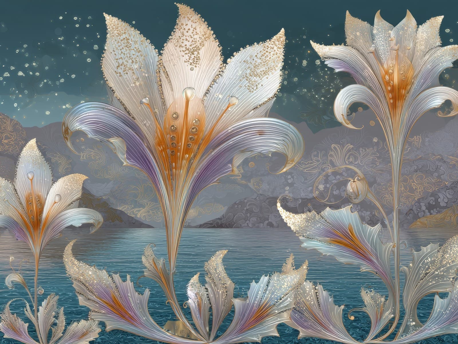 Crèmewitte sierbloemen met goud langs een meer