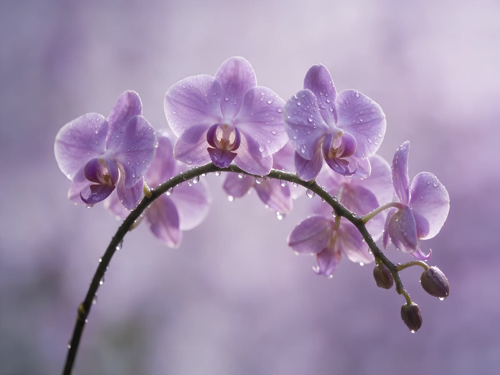 Paarse orchideetak met waterdruppels