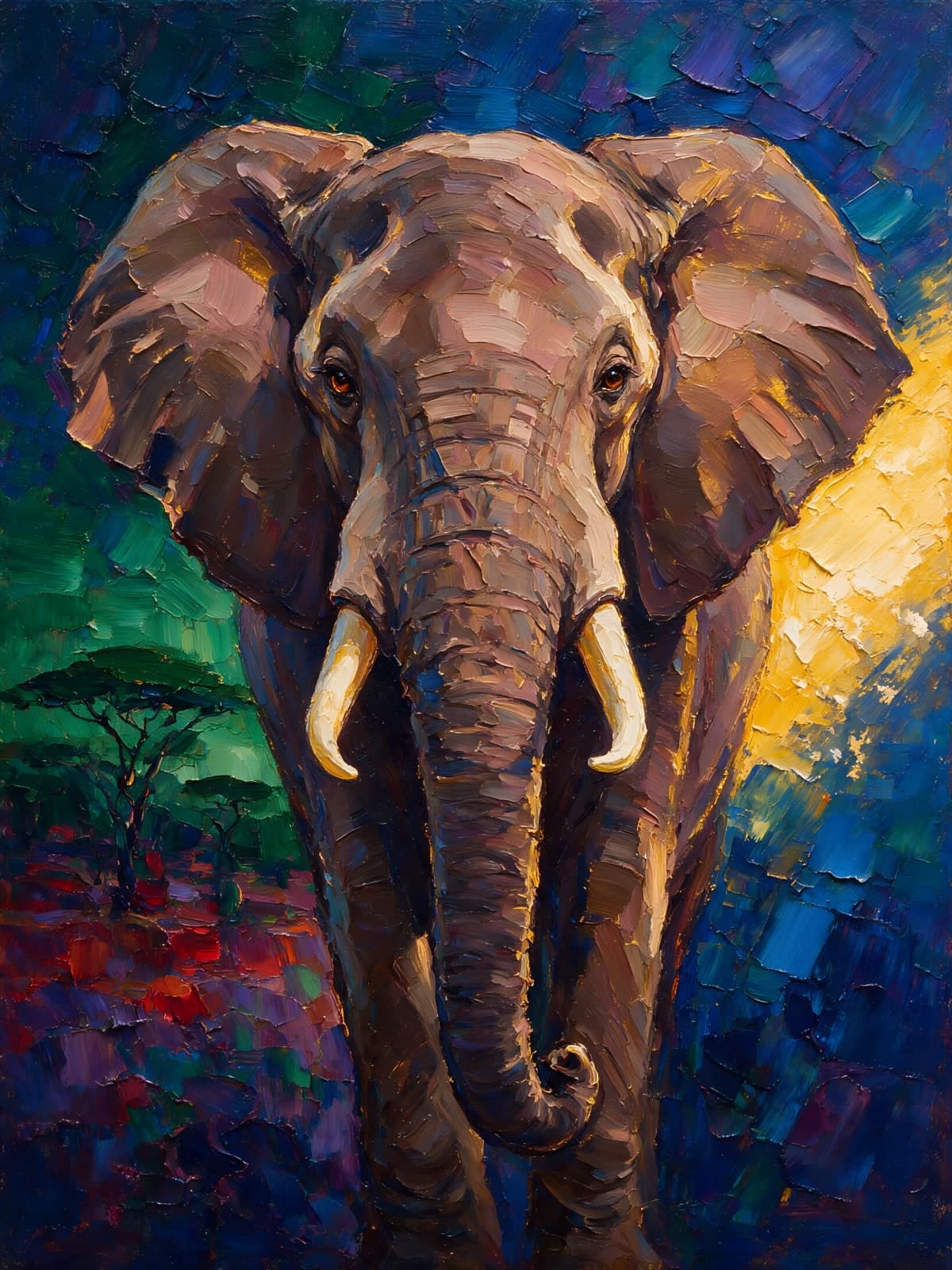 Olifant van voren tegen diepblauw en groen