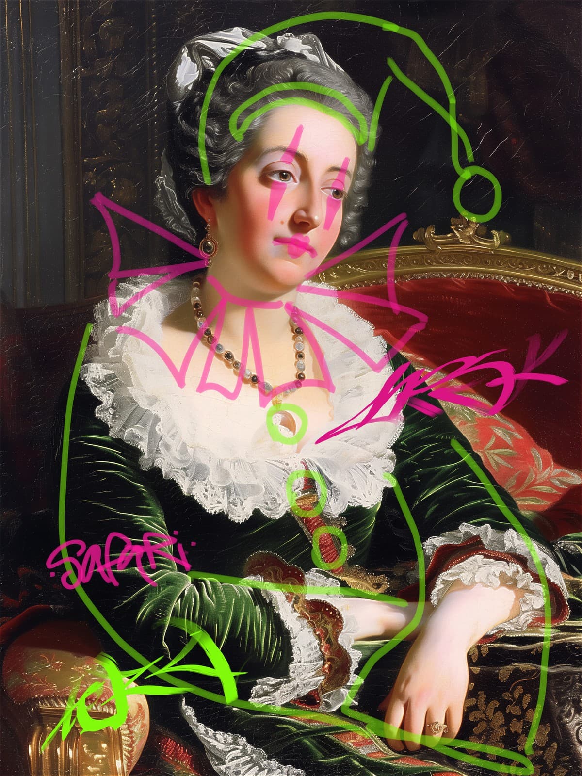 Dame in groen fluweel met witte kraag