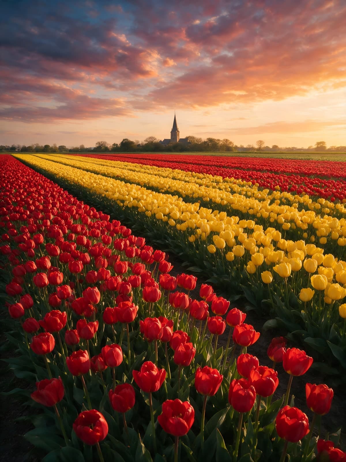 Rode en gele tulpen met kerktoren